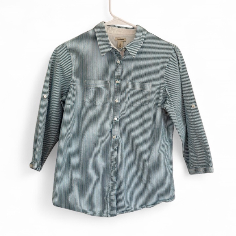 LL Bean Popover Seersucker Shirt Womens XS Blue Roll Tab Sleeves Preppy Beach